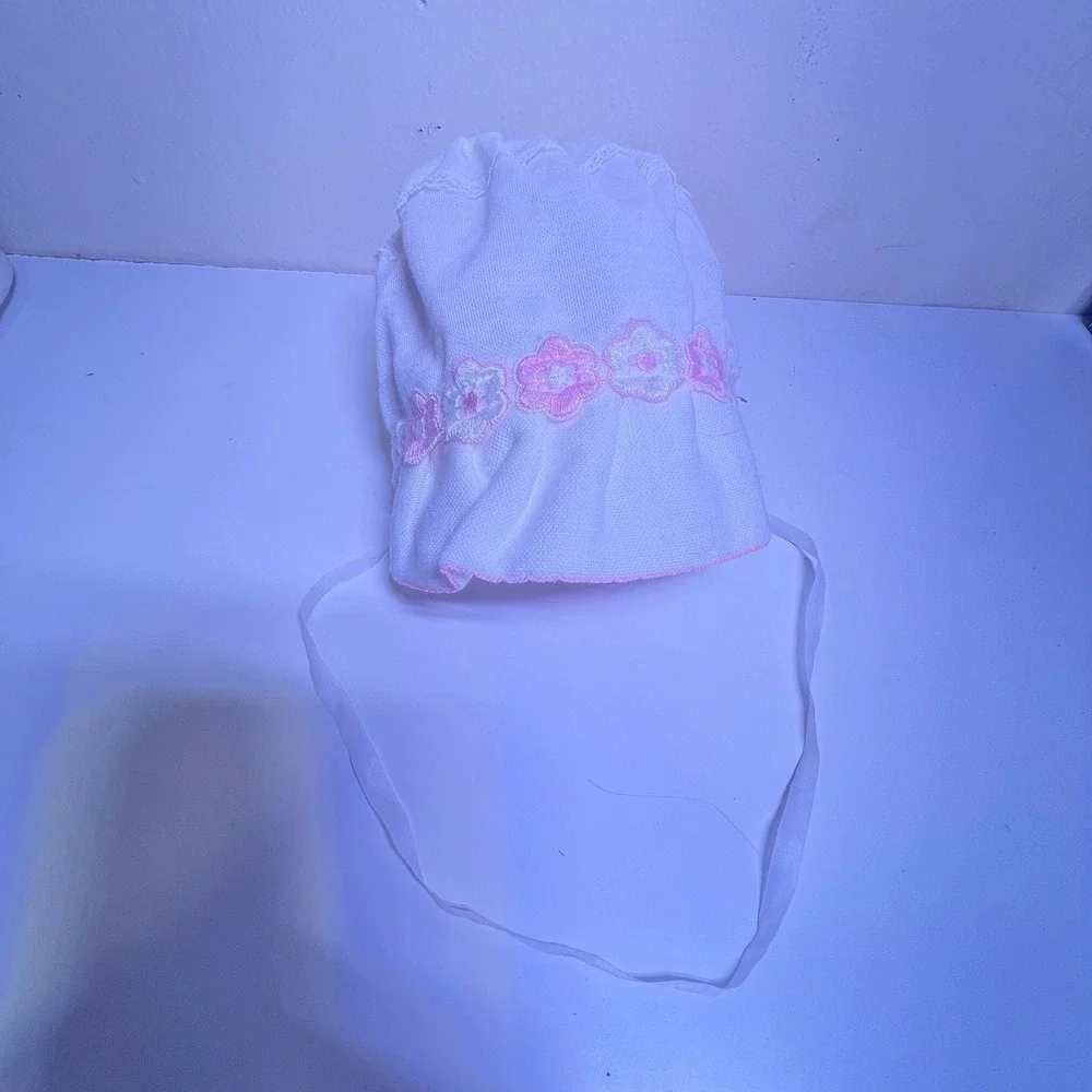 Infant Bonnet White‎ Pink Floral Embroidered Ruffle Lace Tie Vintage
